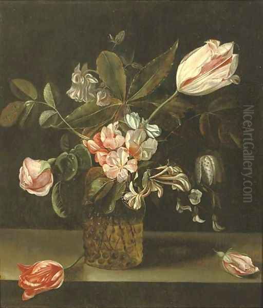 Roses, tulips and other flowers in a glass vase Oil Painting by Flemish School