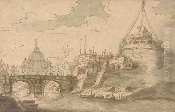 The Castel Sant'Angelo and Saint Peter's, Rome, seen from the Tiber Oil Painting by Flemish School