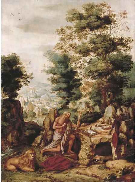 The Penitent Saint Jerome in an extensive landscape Oil Painting by Flemish School