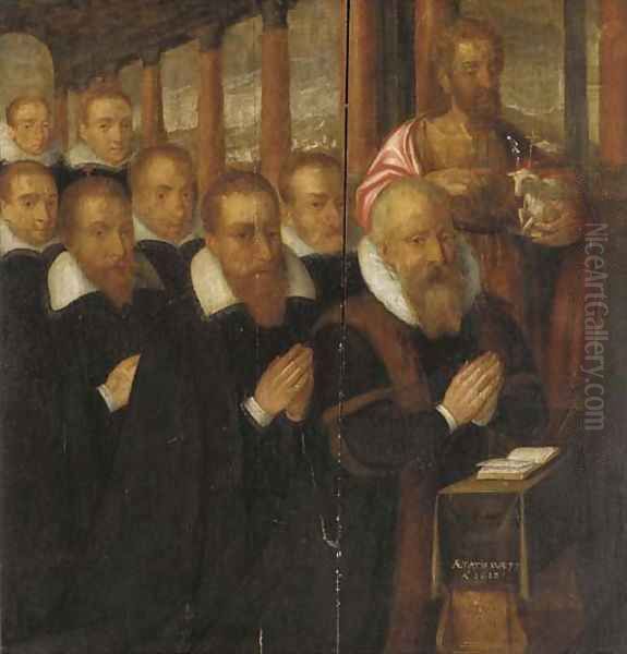 The wing of an altarpiece recto Saint John the Baptist with eight male donors in prayer; verso Saint Antony and Saint Dominic Oil Painting by Flemish School