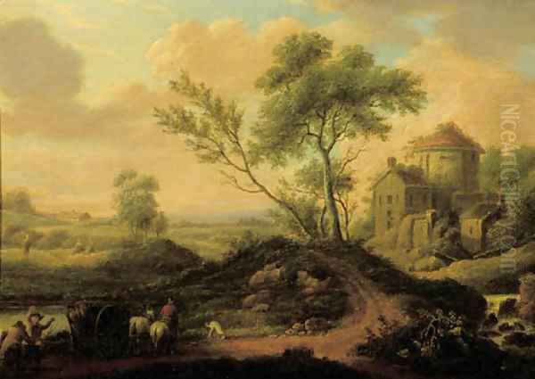 Travellers on a path by a mansion in a landscape, at sunset Oil Painting by Flemish School