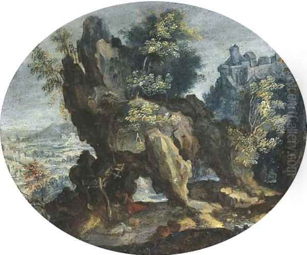 A mountainous landscape with a hermit at prayer Oil Painting by Flemish School