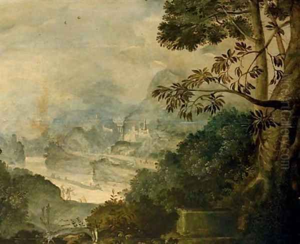 A mountainous river landscape with loggers Oil Painting by Flemish School