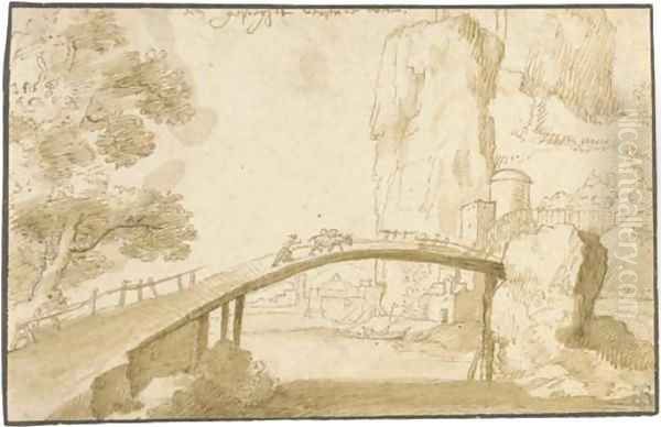 A narrow bridge over a river, a town beyond Oil Painting by Flemish School