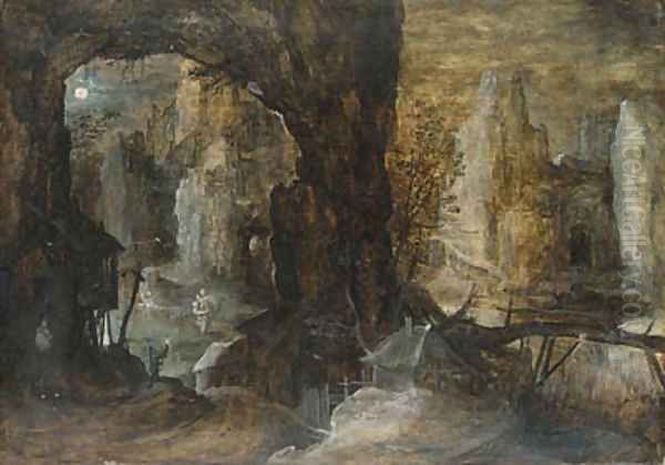 A nocturnal landscape with Saint Christopher and a hermit Oil Painting by Flemish School