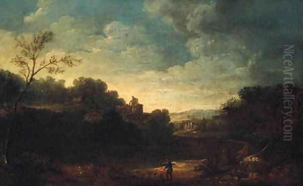 An extensive landscape with a peasant on a track, a ruin beyond Oil Painting by Flemish School