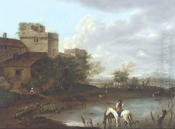 Figures, horses and cattle in an extensive landscape below a ruined fortress Oil Painting by Flemish School