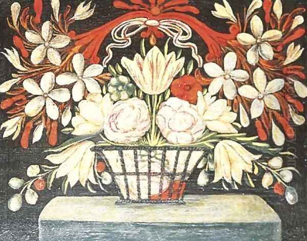 A basket of flowers on a ledge Oil Painting by Lombard School