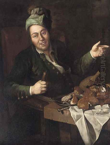 A man eating and drinking at a partly-draped table in an interior Oil Painting by Lombard School