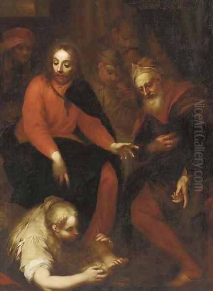 Mary Magdalane washing Christ's Feet Oil Painting by Lombard School