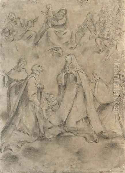 The Madonna and Child with Saint Joseph and angels appearing to a cardinal, a prelate, a Benedictine nun and a Carthusian saint, above the towers of a Oil Painting by Lombard School