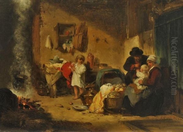 Interieur Mit Bauernpaar Und Zwei Kleinen Kindern Oil Painting by Herman Frederik Carel ten Kate