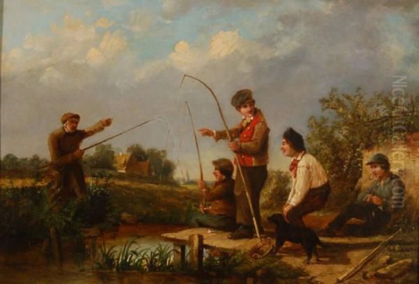 Dutch Boys Fishing On A River Bank Oil Painting by Herman Frederik Carel ten Kate