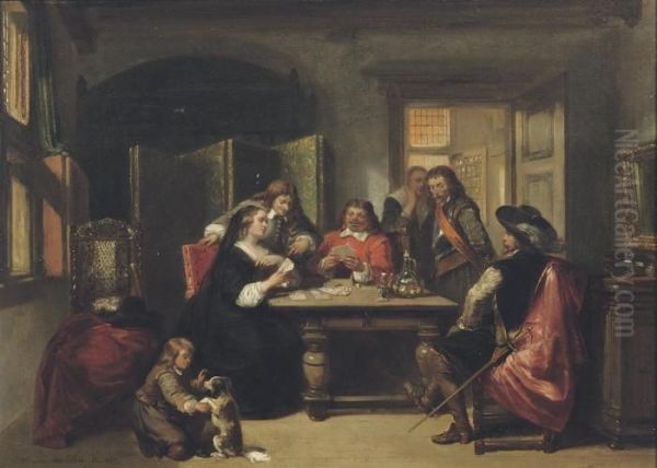 Gezelschap Bij Kaartspel: Playing Cards Oil Painting by Herman Frederik Carel ten Kate