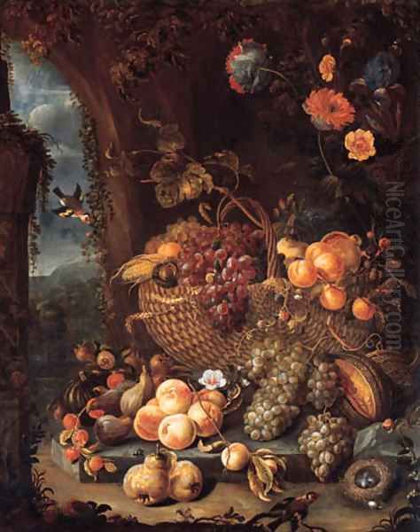 A basket of grapes and other fruit Oil Painting by Hendrick Schoock