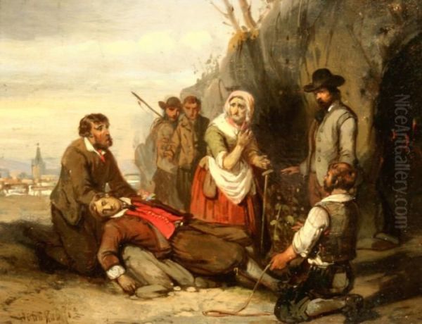 Gezelschap Bij Een Grot. Gesigneerd Oil Painting by Herman Frederik Carel ten Kate