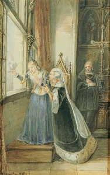 Interieur Im Stil Des 16. 
Jahrhunderts Mit Einer Vom Fenster Winkenden Jungen Dame, Einer Alteren 
Dame Und Einem Im Hintergrund Stehenden Herrn. Oil Painting by Herman Frederik Carel ten Kate