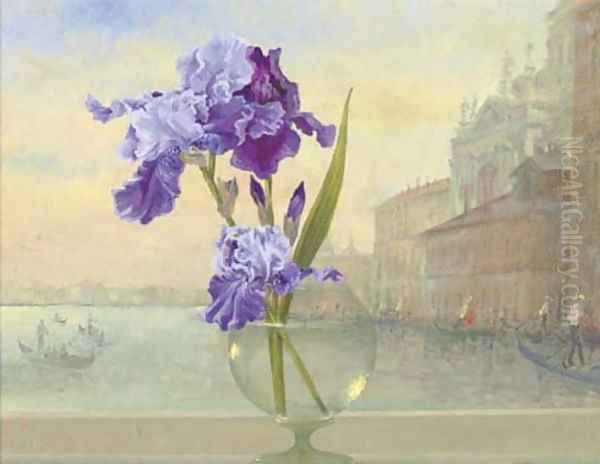 Irises in a glass vase with Venice beyond Oil Painting by Russian School