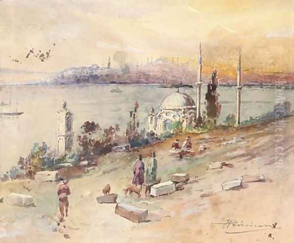 Sunset at the Golden Horn, Istanbul Oil Painting by Russian School