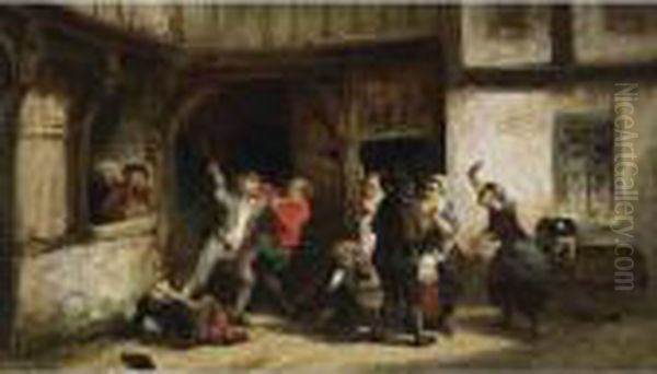 A Street Fight Outside A Tavern Oil Painting by Herman Frederik Carel ten Kate