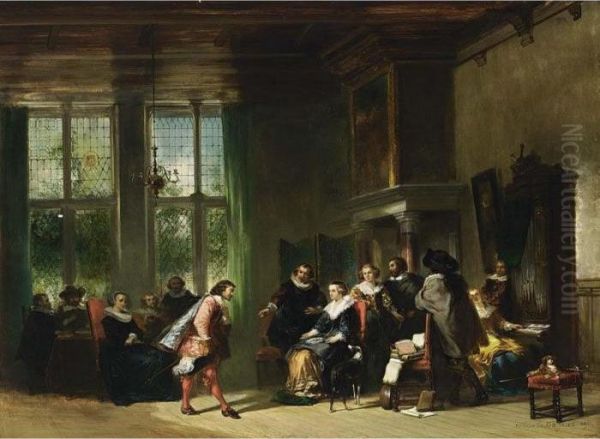 Elegant Figures In An Interior Oil Painting by Herman Frederik Carel ten Kate