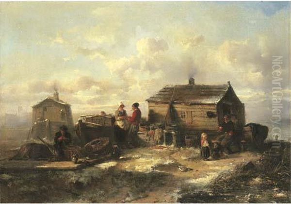 A Fisher Family From Marken Conversing By A Hut In Winter Oil Painting by Herman Frederik Carel ten Kate