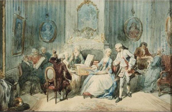 Elegant Figures In An Interior Oil Painting by Herman Frederik Carel ten Kate