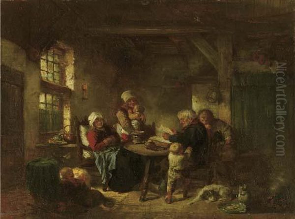 Reading Time: A Family From Marken In An Interior Oil Painting by Herman Frederik Carel ten Kate