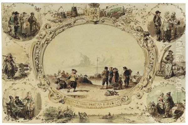 Souvenirs Des Pays Bas 1854; 
Eight Dutch Scenes Arranged In Acartouche, Including Fishermen On The 
Beach, Skaters On The Ice,market Scenes, A Milkmaid, Figures In A 
Tavern, A Fisherman And Hiswife Dancing, And A Sailor In The Orient Oil Painting by Herman Frederik Carel ten Kate