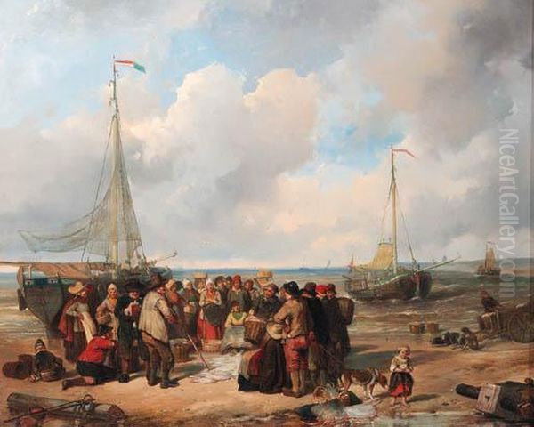 De Afschlag Van Visch Aan Het Strand Te Scheveningen: A Fishauction On The Beach Oil Painting by Herman Frederik Carel ten Kate