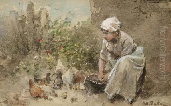 Feeding The Chickens Oil Painting by Jan Mari Henri Ten Kate