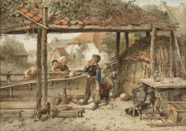 Children Playing Skittle Oil Painting by Jan Mari Henri Ten Kate