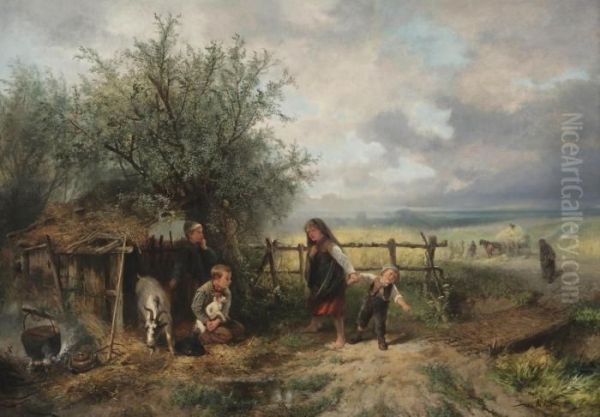 Playing With The Goat On Harvest Day Oil Painting by Jan Mari Henri Ten Kate