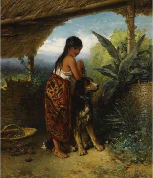 A Javanese Girl Tending To Her Dog Oil Painting by Jan Mari Henri Ten Kate