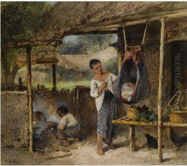 A Javanese Household Oil Painting by Jan Mari Henri Ten Kate