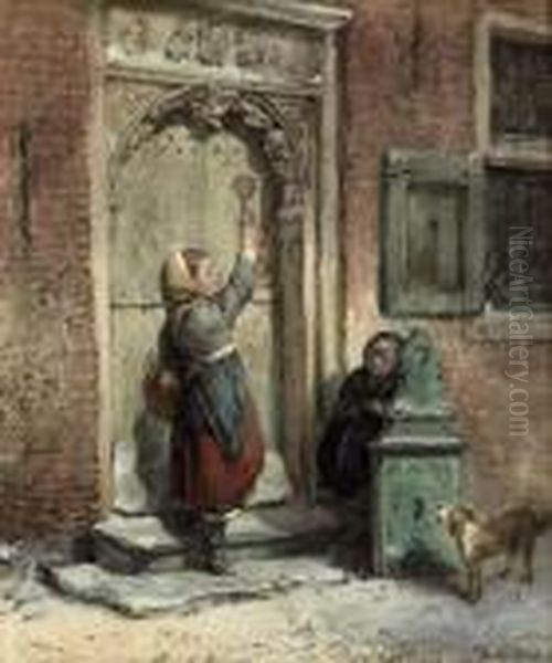 Ringing The Doorbell Oil Painting by Jan Mari Henri Ten Kate