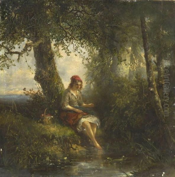 Madchen (rotkappchen) Am Waldbach Oil Painting by Jan Mari Henri Ten Kate