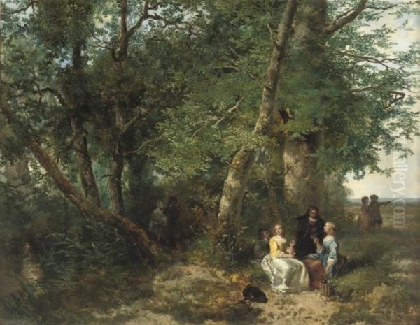 Dejeuner Sur L'herbe: A Picknick In The Forest Oil Painting by Jan Mari Henri Ten Kate