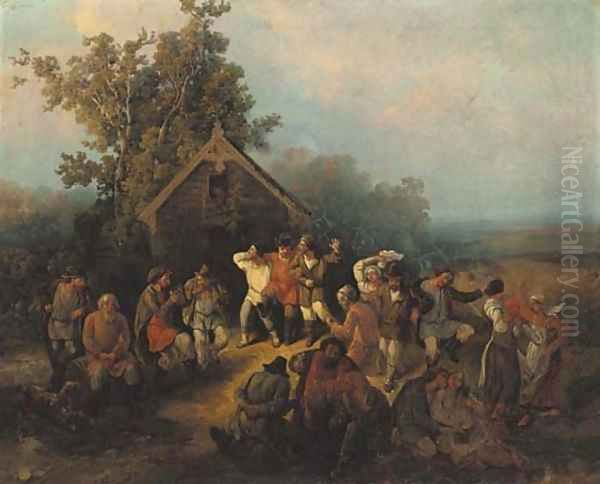 Village Dance in Summer Oil Painting by Russian School