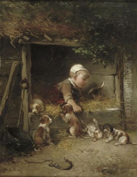 Playing With The Puppies Oil Painting by Jan Mari Henri Ten Kate