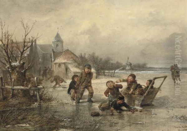 Children Playing On The Ice Oil Painting by Jan Mari Henri Ten Kate