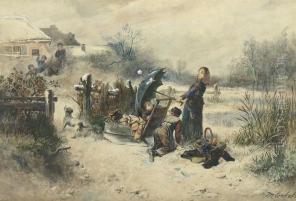 A Snowball Fight Oil Painting by Jan Mari Henri Ten Kate