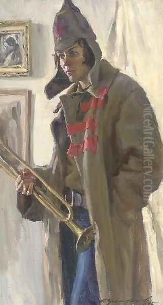 A young Russian soldier with a trumpet Oil Painting by Russian School