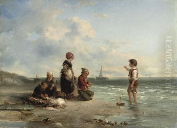 Children Playing On The Beach Oil Painting by Jan Mari Henri Ten Kate