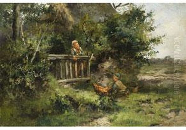 Bauernkinder An Einem Gatter Oil Painting by Jan Mari Henri Ten Kate