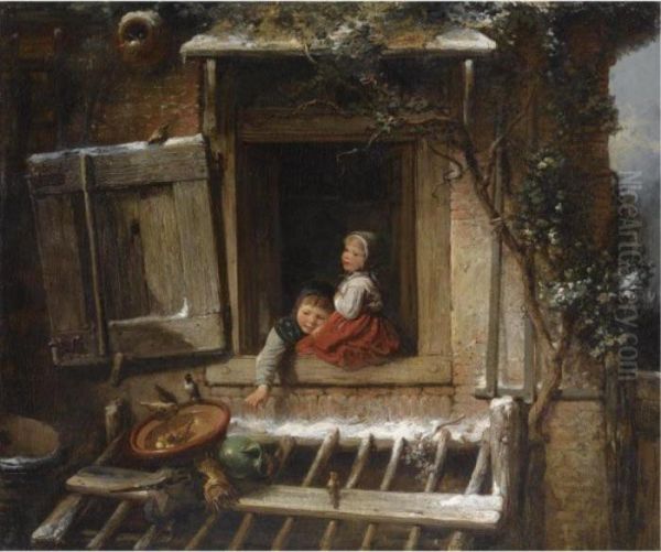 Feeding The Birds Oil Painting by Jan Mari Henri Ten Kate