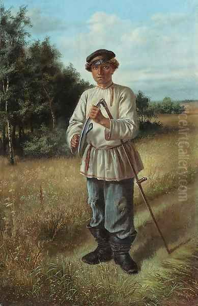 Portrait of a young Man with a Scythe Oil Painting by Russian School