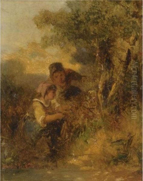 Deux Jeunes Paysannes Cueillant Des Fleurs Oil Painting by Jan Mari Henri Ten Kate