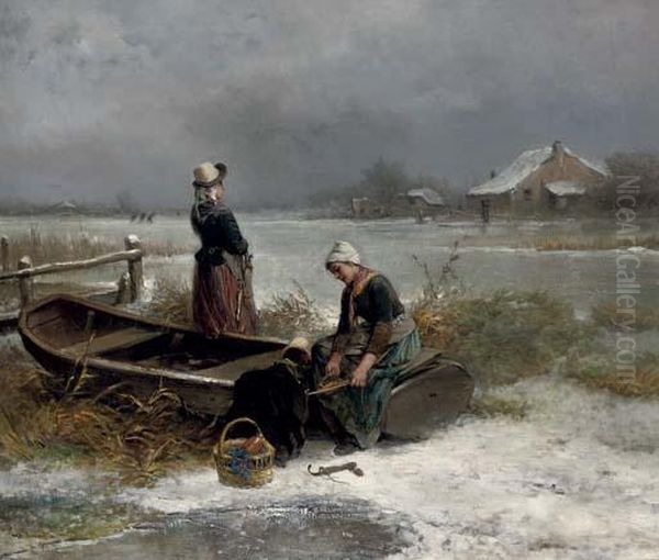 Pulling On The Ice Skates Oil Painting by Jan Mari Henri Ten Kate