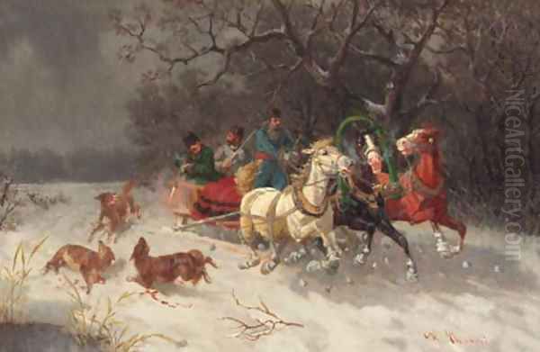 Three men in a troika chased by wolves Oil Painting by Russian School